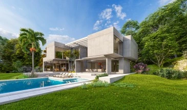 3d rendering impressive contemporary villa exposed cement with garden pool 1